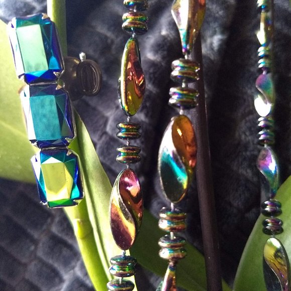 vintage 80s 3 piece iridescent oil slick layering necklaces brooch set - Picture 6 of 12